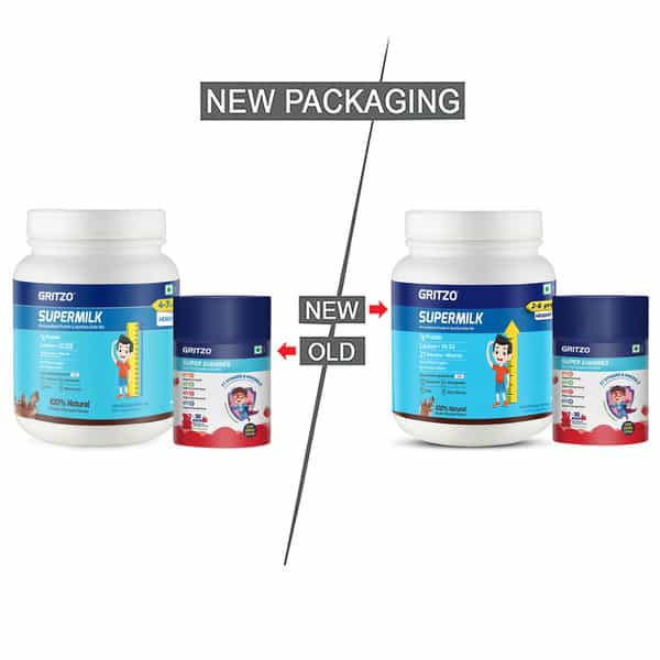 Gritzo Supermilk Growth+ (2-6Y Boy & Girl) (Double Chocolate | 800G) With Super Gummies (Strawberry)