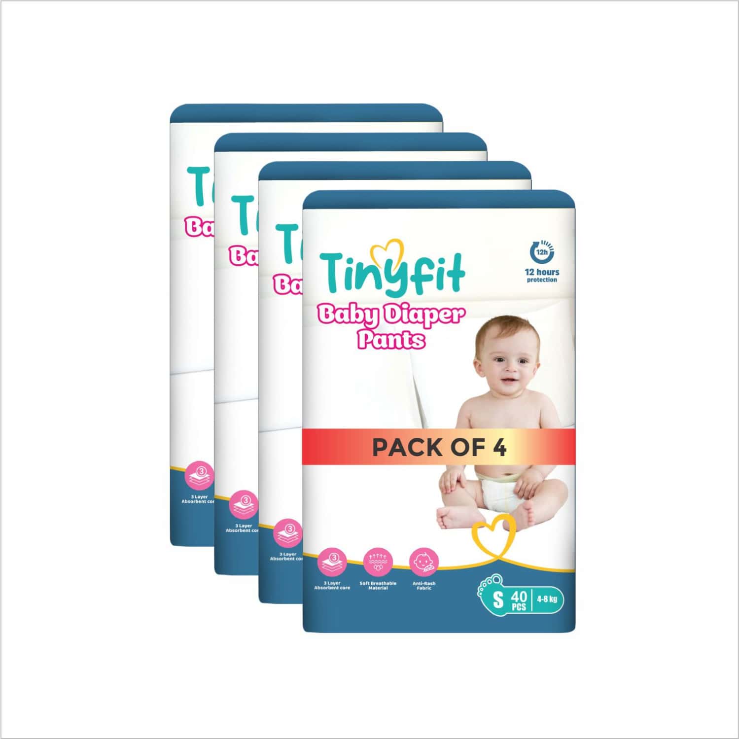 Tinyfit Baby Diaper Pants Small | Bubble Soft Bed | Multi-Layer Absorption Upto 12 Hrs - S (160 Pcs)