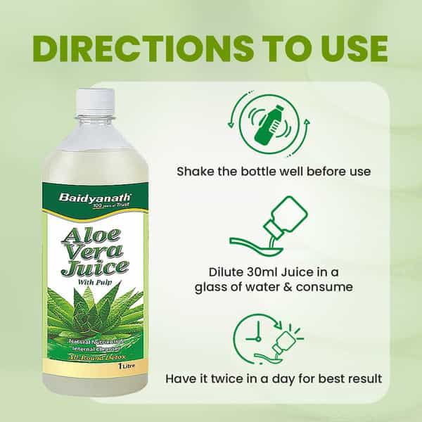 Baidyanath Aloe Vera Junice | With Pulp | Natural Nutrients & Internal Cleanser | Bottle | 1 L