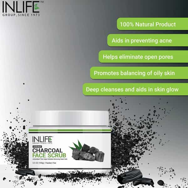 Inlife Activated Charcoal Face & Body Scrub Deep Cleansing Blackhead Removal - Paraben Free 100G