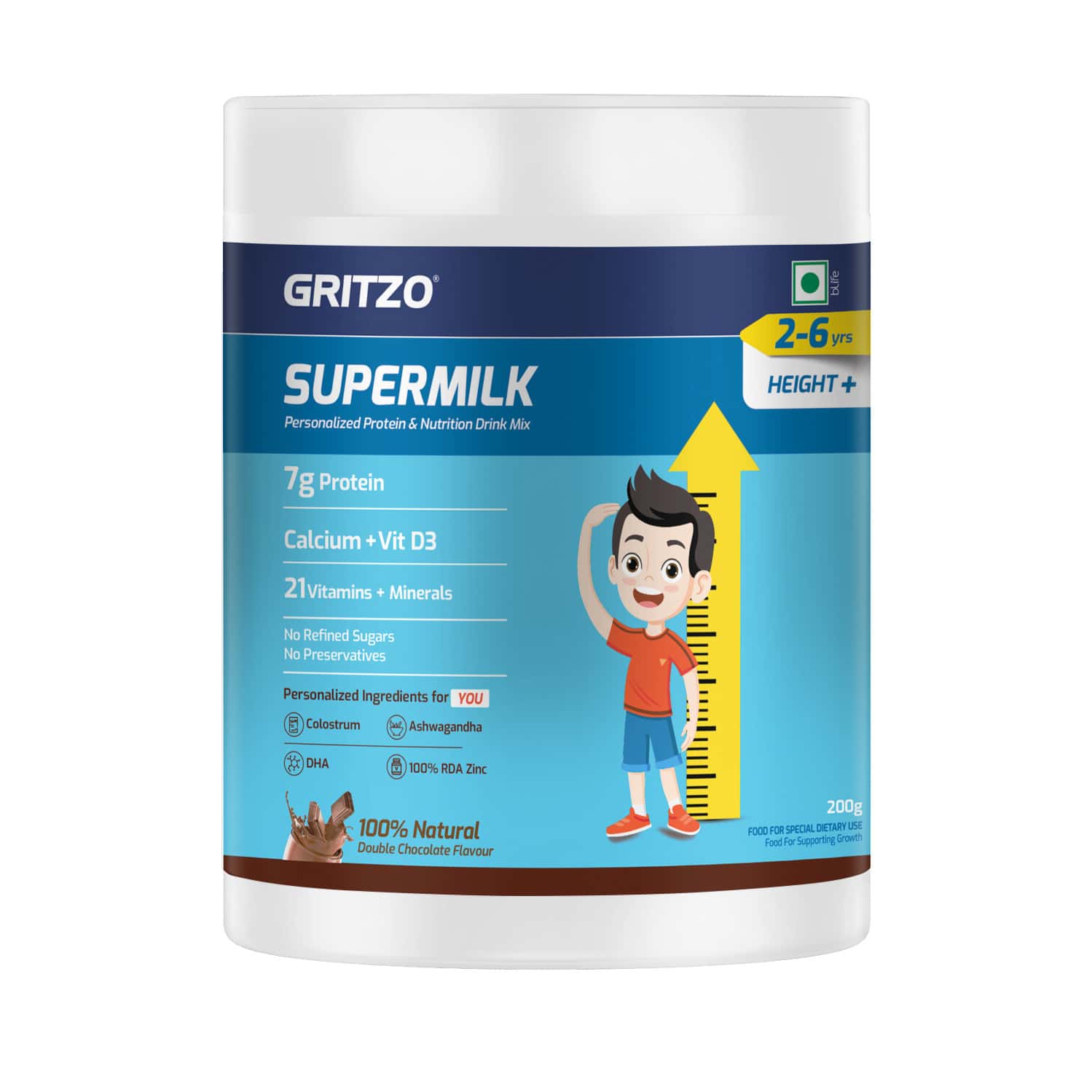 Gritzo Supermilk Height+ (2 - 6y) | 7g Protein (Double Chocolate | 200g)
