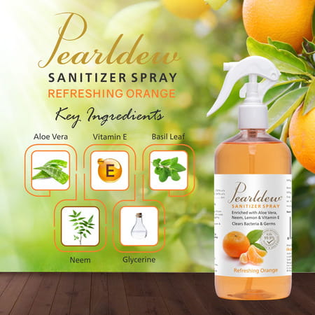 Pearldew Sanitizer Spray (Orange) 500 Ml | Aloe & Neem | Paraben Free (Pack Of 4)