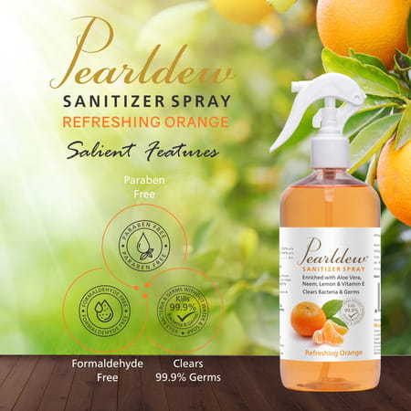 Pearldew Sanitizer Spray (Orange) 500 Ml | Aloe & Neem | Paraben Free (Pack Of 4)