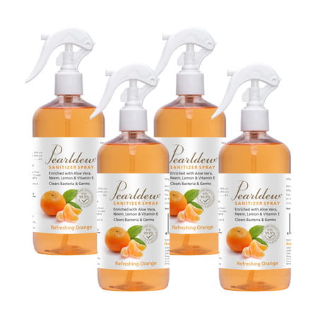 Pearldew Sanitizer Spray (Orange) 500 Ml | Aloe & Neem | Paraben Free (Pack Of 4)