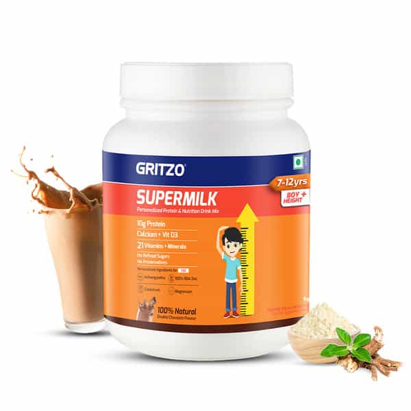 Gritzo Supermilk Growth+ (Formerly Height+) (7-12Y Boys) | 10G Protein (Double Chocolate | 800G)