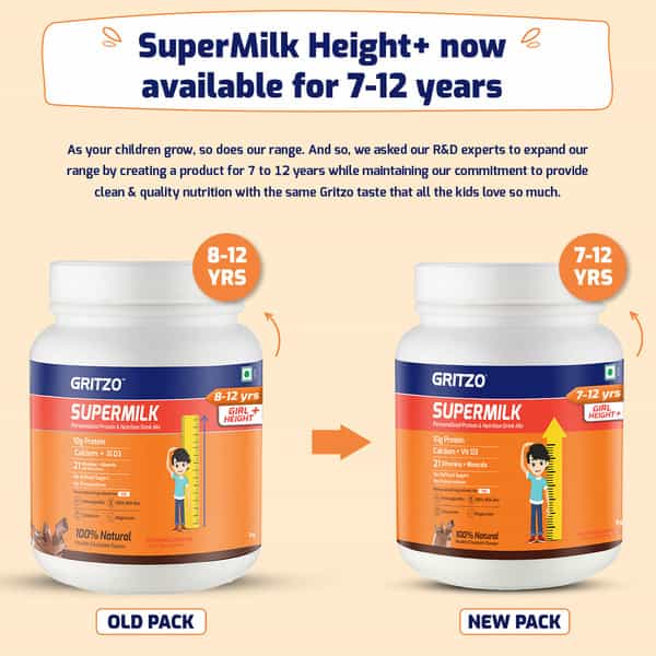 Gritzo Supermilk Growth+ (Formerly Height+) (7-12Y Boys) | 10G Protein (Double Chocolate | 800G)