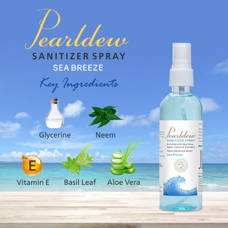 Pearldew Sanitizer Spray (Sea Breeze) 120 Ml | Aloe & Neem | Paraben Free (Pack Of 8)