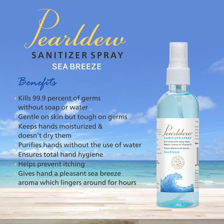 Pearldew Sanitizer Spray (Sea Breeze) 120 Ml | Aloe & Neem | Paraben Free (Pack Of 8)