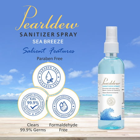 Pearldew Sanitizer Spray (Sea Breeze) 120 Ml | Aloe & Neem | Paraben Free (Pack Of 8)