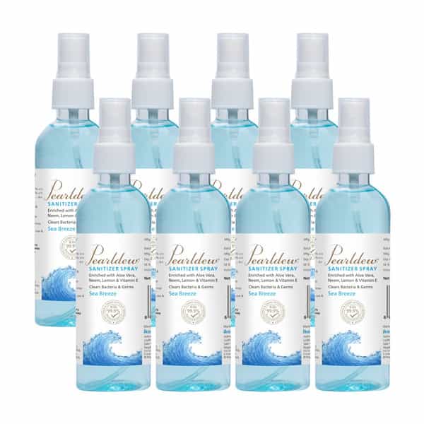 Pearldew Sanitizer Spray (Sea Breeze) 120 Ml | Aloe & Neem | Paraben Free (Pack Of 8)