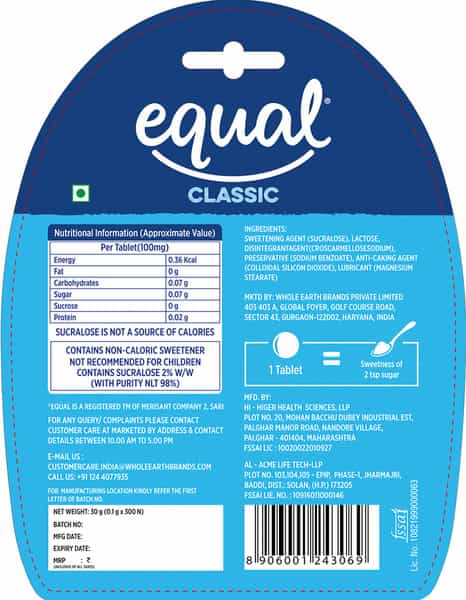 Equal Classic Zero Calorie Sweetener Sugar Free Calorie Control 300 Tablets Pack Of 2