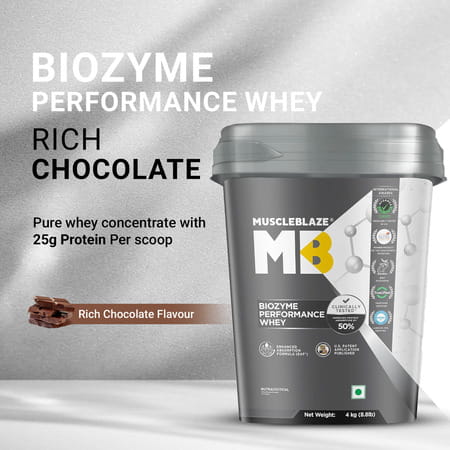 Muscleblaze Biozyme Performance Whey Protein Powder | Rich Chocolate (4Kg) | 25G Protein