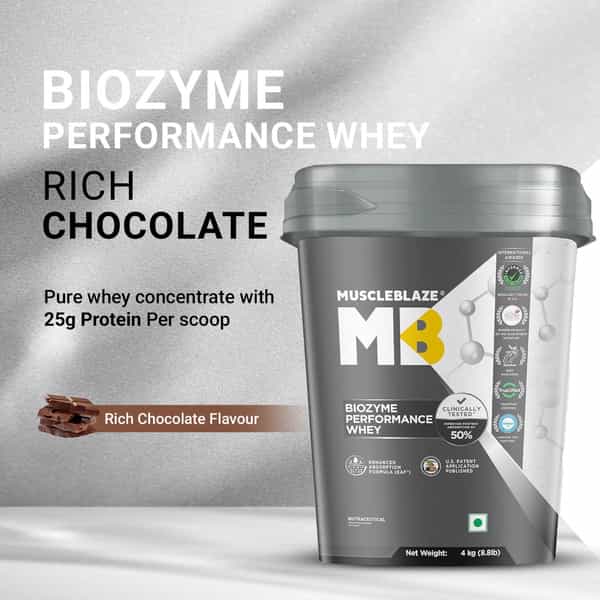 Muscleblaze Biozyme Performance Whey Protein Powder | Rich Chocolate (4Kg) | 25G Protein