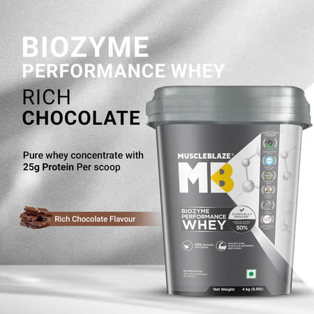 Muscleblaze Biozyme Performance Whey Protein Powder | Rich Chocolate | 4Kg | 25G Protein Per Scoop