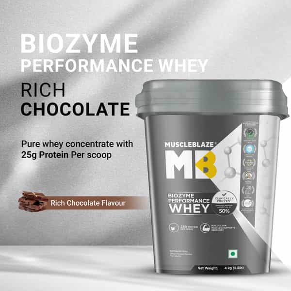 Muscleblaze Biozyme Performance Whey Protein Powder | Rich Chocolate | 4Kg | 25G Protein Per Scoop