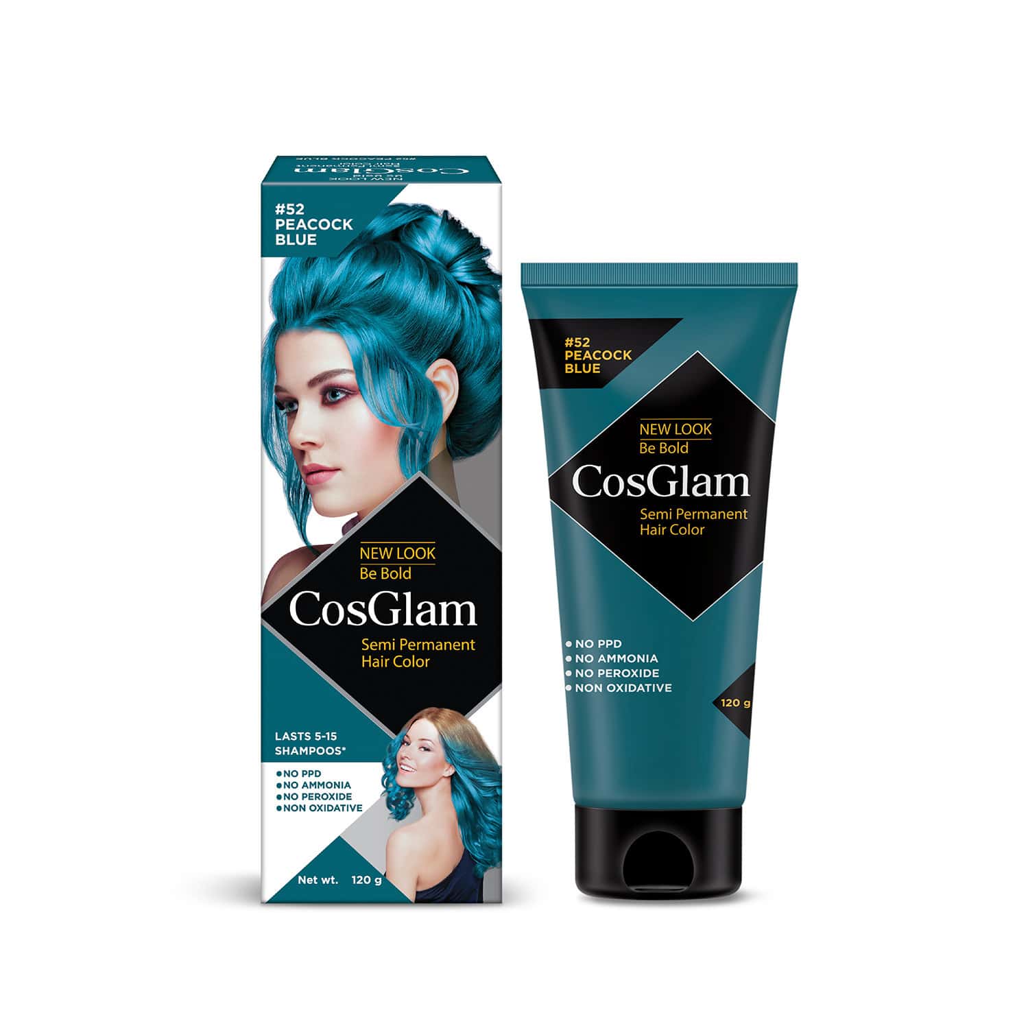 Cosglam Semi Permanent Hair Color | No Peroxide | Ammonia Free Hair Colour 52 Peacock Blue - 120gm