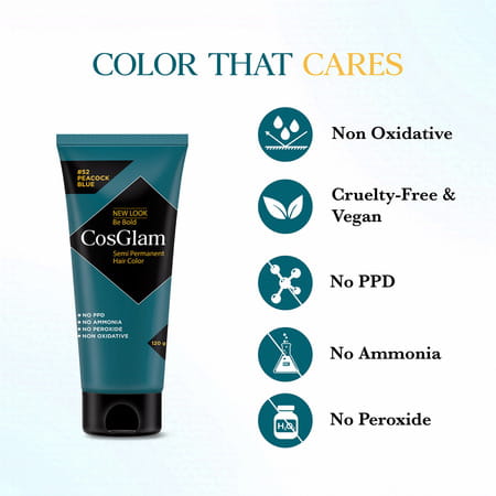 Cosglam Semi Permanent Hair Color | No Peroxide | Ammonia Free Hair Colour 52 Peacock Blue - 120gm