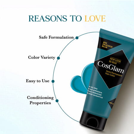 Cosglam Semi Permanent Hair Color | No Peroxide | Ammonia Free Hair Colour 52 Peacock Blue - 120gm