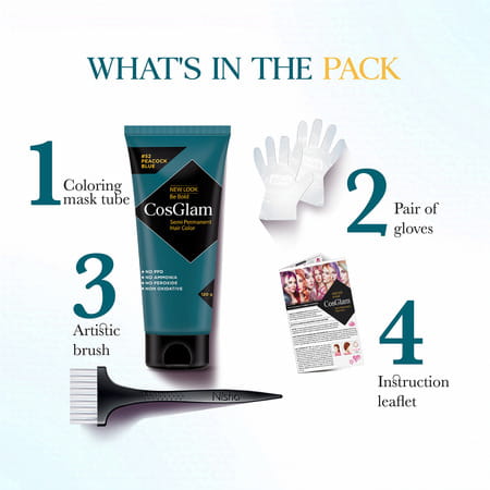 Cosglam Semi Permanent Hair Color | No Peroxide | Ammonia Free Hair Colour 52 Peacock Blue - 120gm
