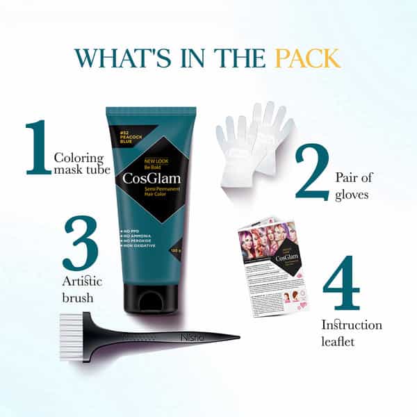 Cosglam Semi Permanent Hair Color | No Peroxide | Ammonia Free Hair Colour 52 Peacock Blue - 120Gm
