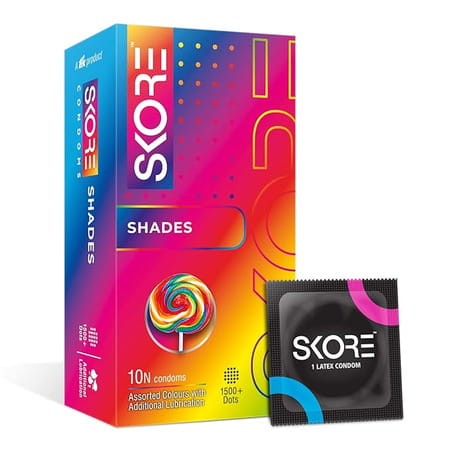 Skore Assorted Colours & Dotted Condoms (Shades) 10N (Pack Of 4) And Hard Rock Gel Sachet Free