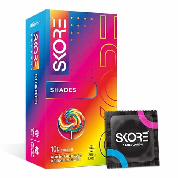 Skore Assorted Colours & Dotted Condoms (Shades) 10N (Pack Of 4) And Hard Rock Gel Sachet Free