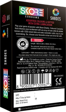 Skore Assorted Colours & Dotted Condoms (Shades) 10N (Pack Of 4) And Hard Rock Gel Sachet Free