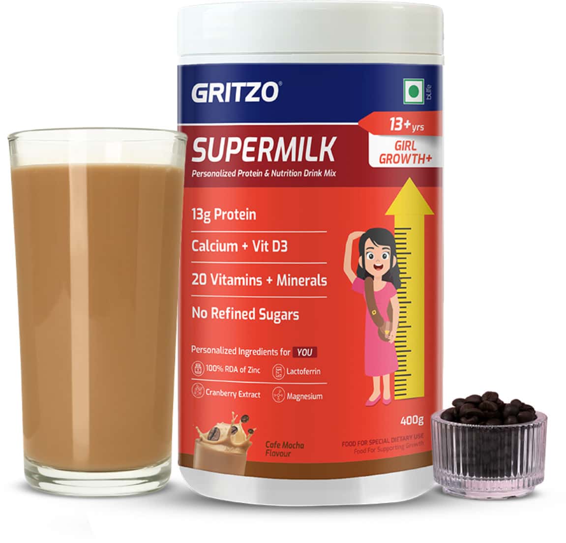 Gritzo Supermilk Growth+ (13+y Girls) | 13g Protein Powder (cafe Mocha | 400g)