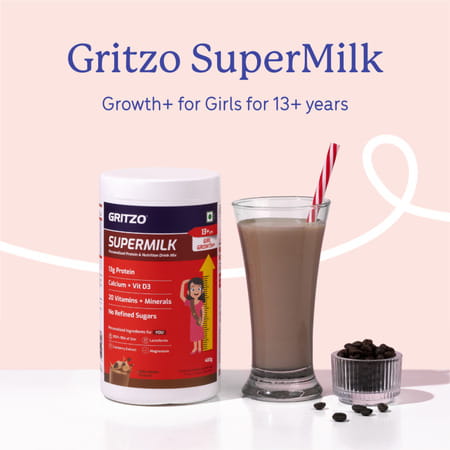 Gritzo Supermilk Growth+ (13+Y Girls) | 13g Protein Powder (Cafe Mocha | 400g)