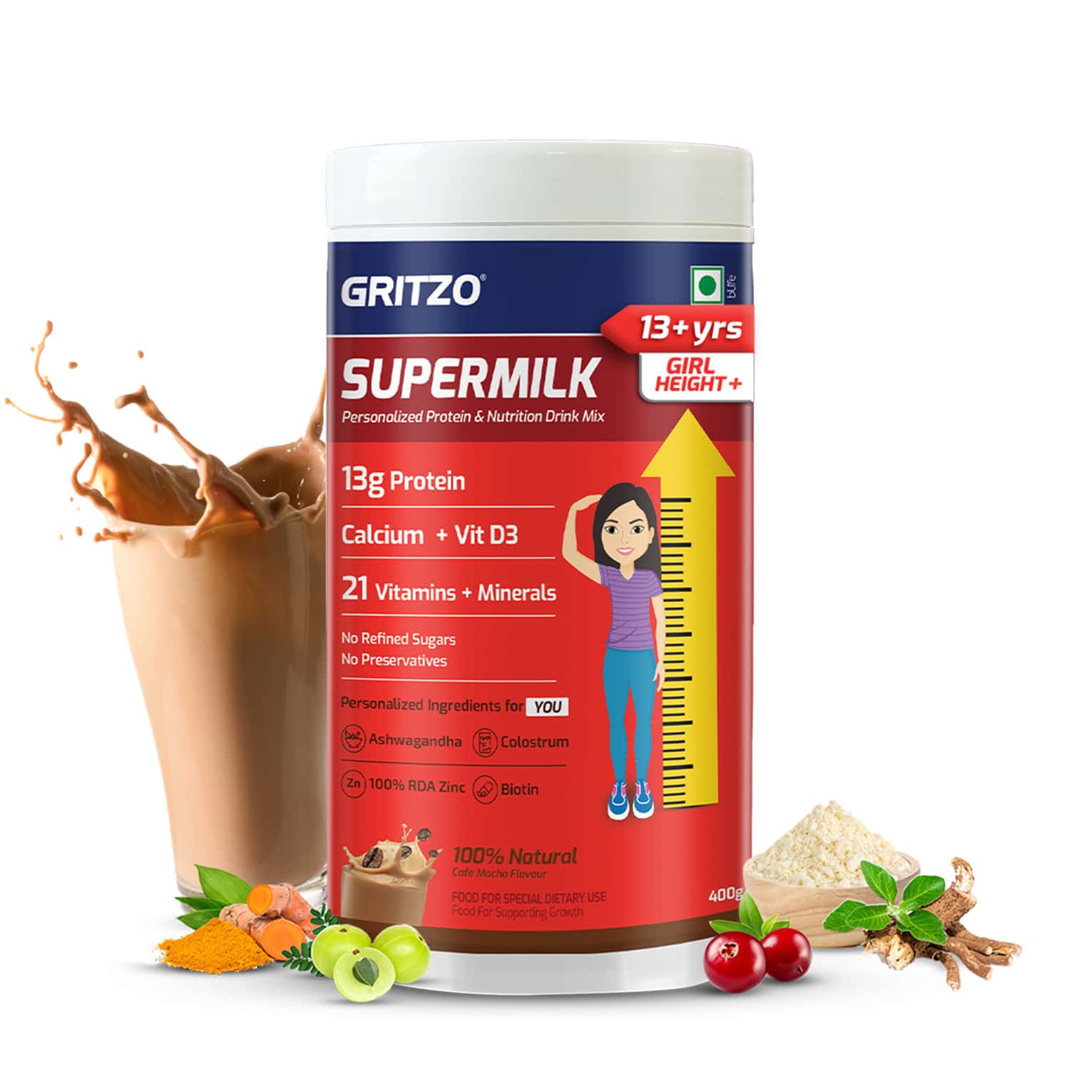 Gritzo Supermilk Height+ Protein Drink For Girls (13+ Yrs) | 400g | Cafe Mocha