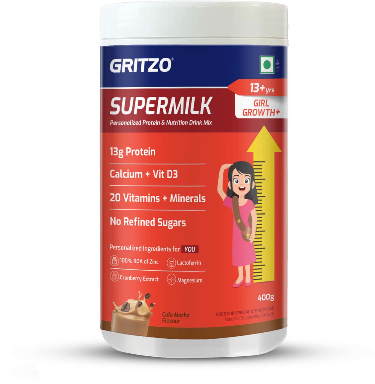Gritzo Supermilk Height+ Protein Drink For Girls (13+ Yrs) | 400g | Cafe Mocha