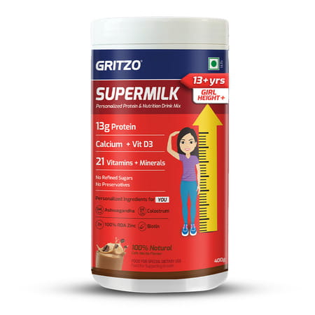 Gritzo Supermilk Height+ Protein Drink For Girls (13+ Yrs) | 400g | Cafe Mocha