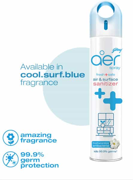 Godrej Aer Disinfectant Spray (Air & Surface) Aqua 99.9% Germ Protection Long Lasting - 240Ml