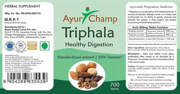 Ayur Champ - Pack Of 5 - Triphala Tablets Healthy Digestion 500Mg - 700 Tablets Value Pack