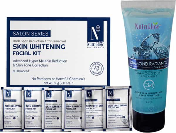 Nutriglow Natural's Set 3 Skin Whitening Facial Kit (60Gm) Bleach (43Gm) & Diamond Face Wash (65Ml)