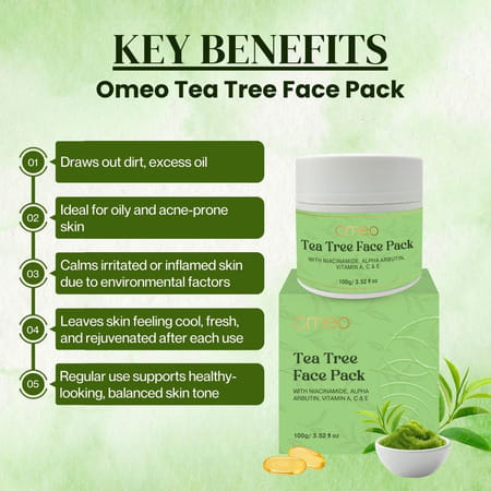 Omeo Tea Tree Face Mask Pack With Niacinamide | Alpha Arbutin & Vitamins A | C & E (100g)