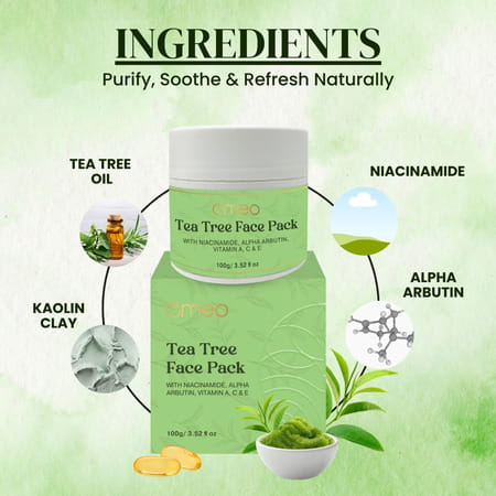 Omeo Tea Tree Face Mask Pack With Niacinamide | Alpha Arbutin & Vitamins A | C & E (100g)