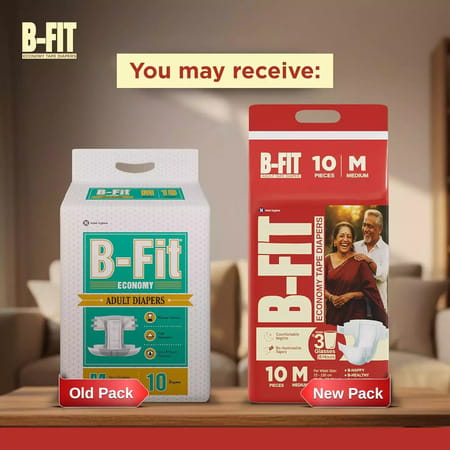 B-Fit Economy Tape Style Medium Size (72-130cm) 28.35-51.18 Inch Pack Of 10 Adult Diapers