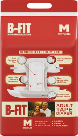 B-Fit Economy Tape Style Medium Size (72-130cm) 28.35-51.18 Inch Pack Of 10 Adult Diapers