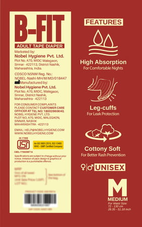 B-Fit Economy Tape Style Medium Size (72-130cm) 28.35-51.18 Inch Pack Of 10 Adult Diapers