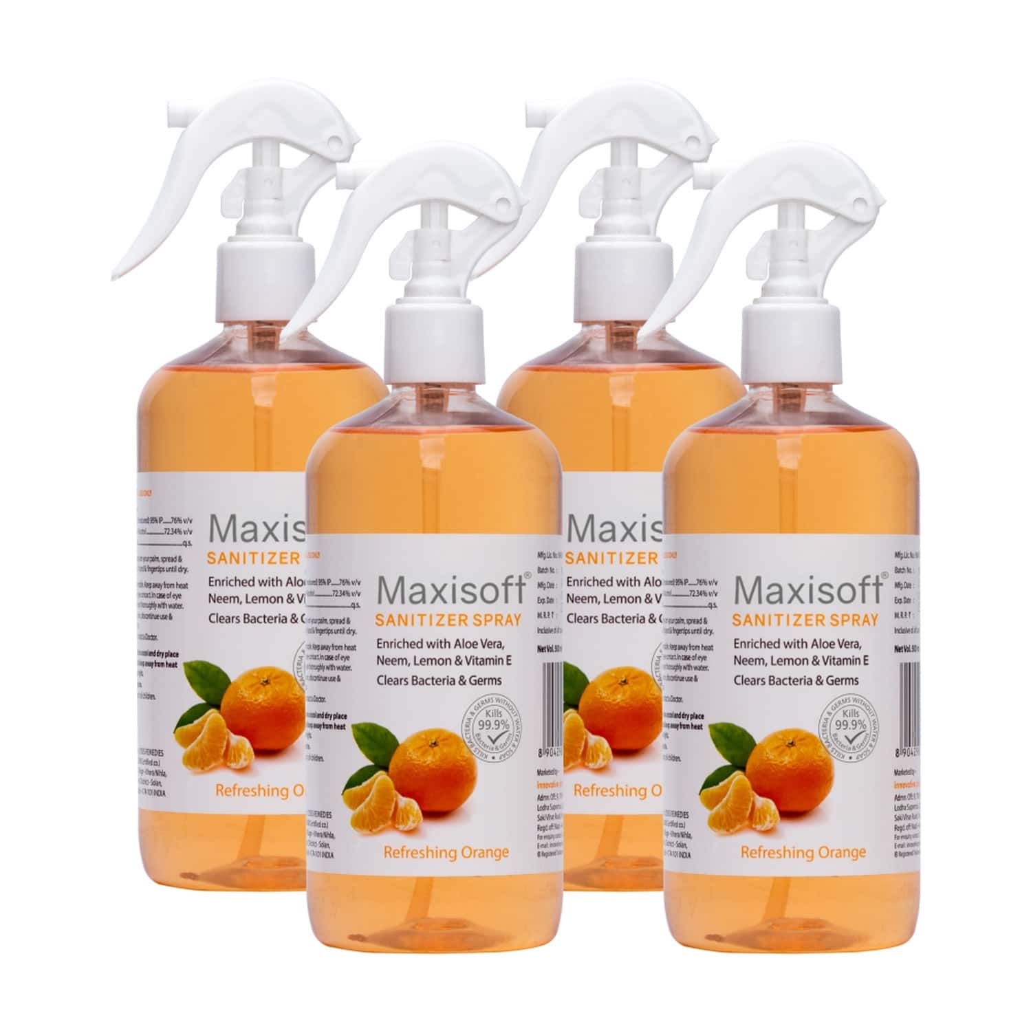 Maxisoft Sanitizer Spray | Orange | 500 Ml | Pack Of 4