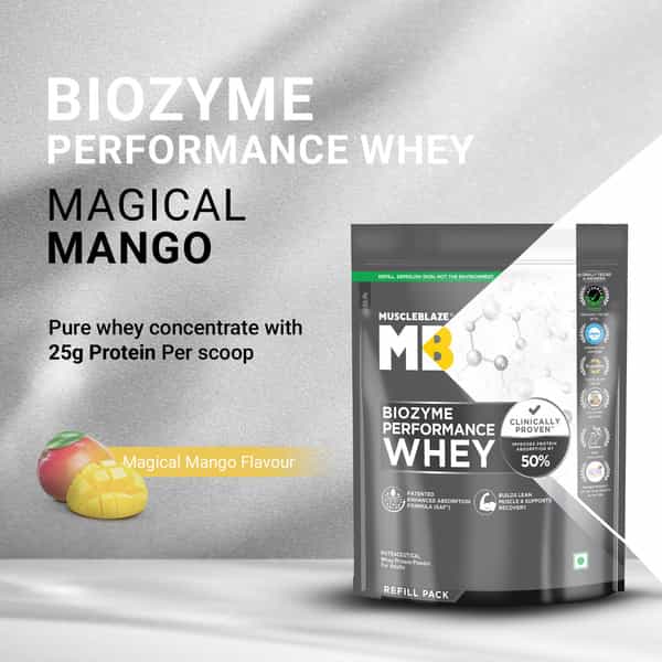 Muscleblaze Biozyme Performance Whey Protein | Magical Mango (1Kg Refill ) | 25G Protein Per Scoop