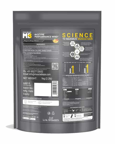 Muscleblaze Biozyme Performance Whey Protein | Magical Mango (1Kg Refill ) | 25G Protein Per Scoop