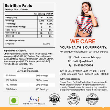 Myfitfuel L-Arginine (1000 Mg) 120 Tablets| Amino Acid