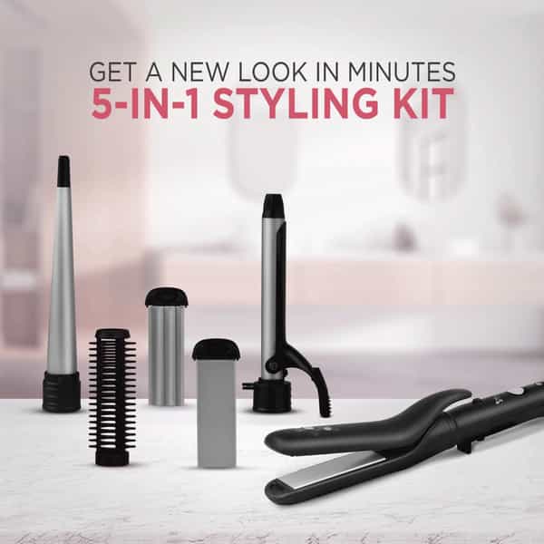 Syska Hs5000k Hair Straightener With 5-In -1 Multi-Styling Kit -(Black & Grey)