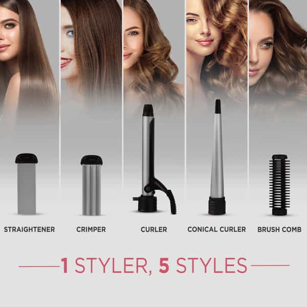 Syska Hs5000k Hair Straightener With 5-In -1 Multi-Styling Kit -(Black & Grey)