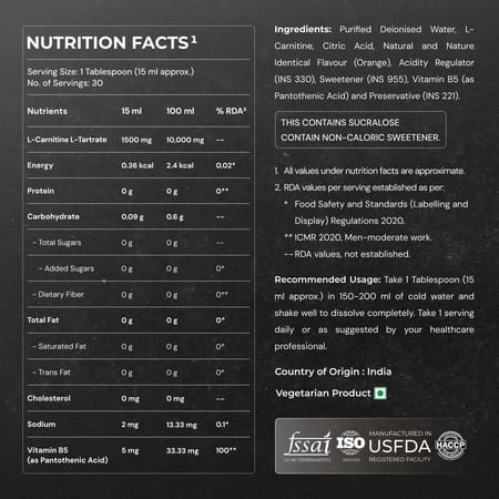 Nutrabay Pro Liquid L-Carnitine With Vitamin B5 - 450 Ml | Orange | 30 Servings