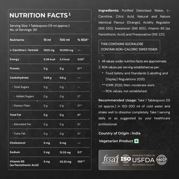 Nutrabay Pro Liquid L-Carnitine With Vitamin B5 - 450 Ml | Orange | 30 Servings