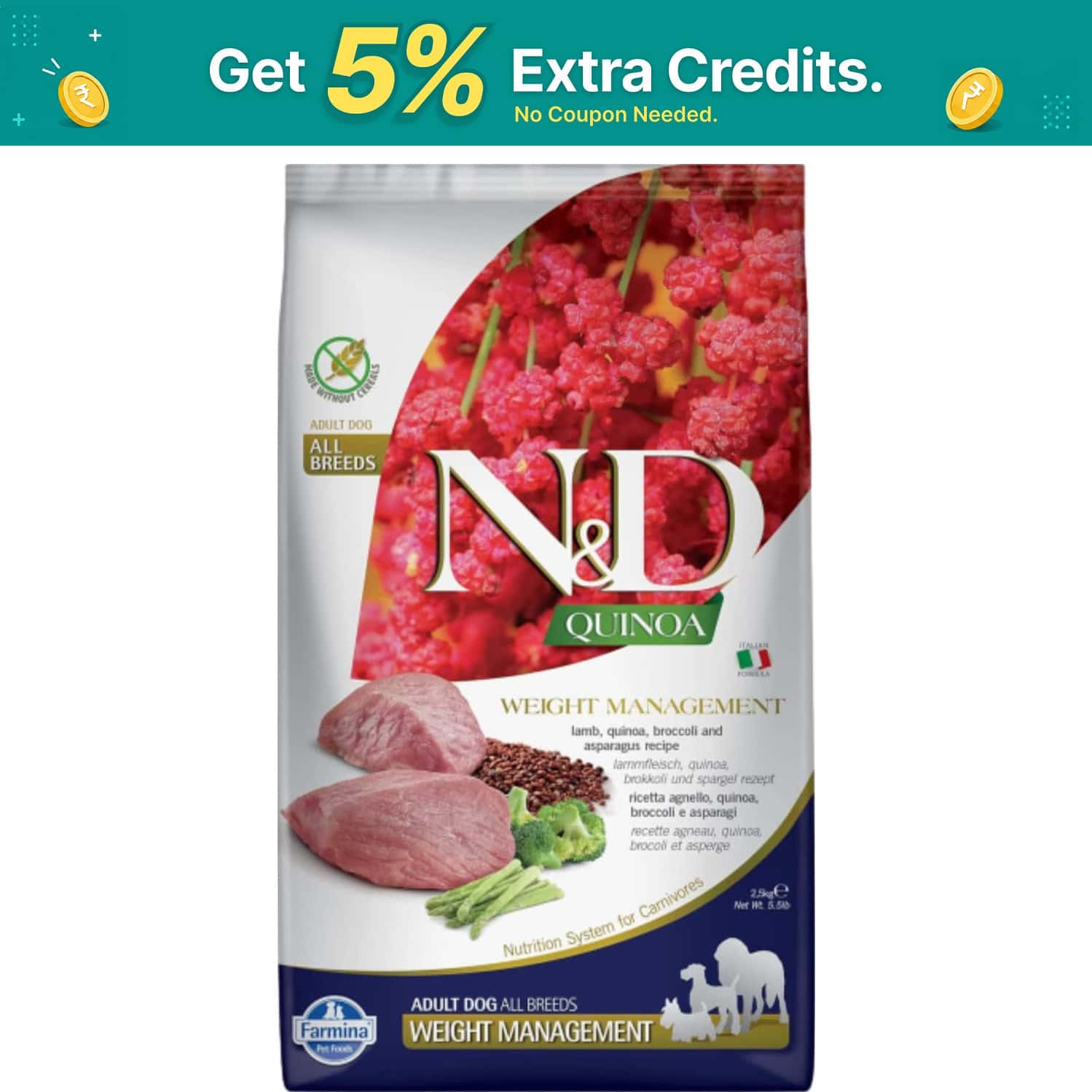 Farmina N&d Pet Foods Quinoa Weight Management Dry Dog Food | Grain-free | Adult Breed | 2.5- Kg