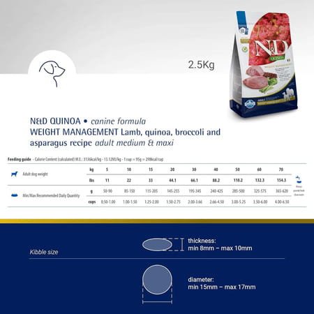 Farmina N&D Pet Foods Quinoa Weight Management Dry Dog Food | Grain-Free | Adult Breed | 2.5- Kg